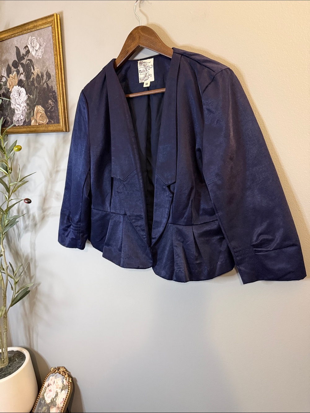 Tulle Navy Cropped Blazer Jacket Medium Ruched Sleeve Peplum Open Front - Picture 4 of 8